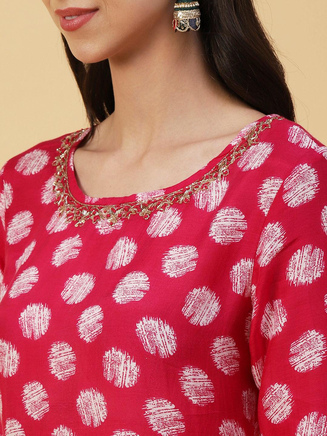 Abstract Printed & Hand Embroidered Straight Kurta with Pant & Dupatta - Magenta - Indiakreations