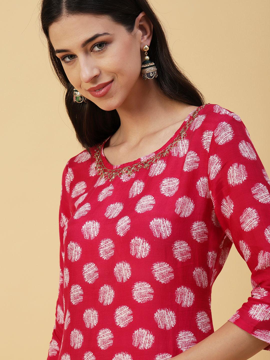 Abstract Printed & Hand Embroidered Straight Kurta with Pant & Dupatta - Magenta - Indiakreations