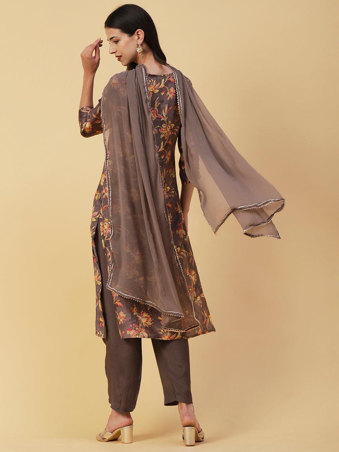 Floral Printed & Hand Embroidered Straight Kurta with Pant & Dupatta - Taupe - Indiakreations