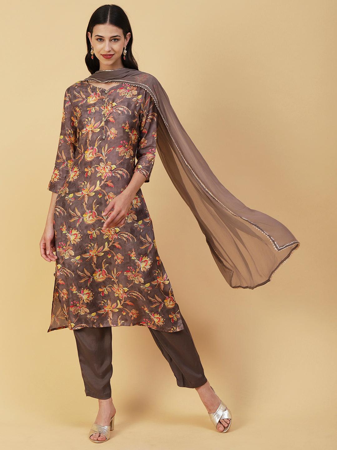 Floral Printed & Hand Embroidered Straight Kurta with Pant & Dupatta - Taupe - Indiakreations