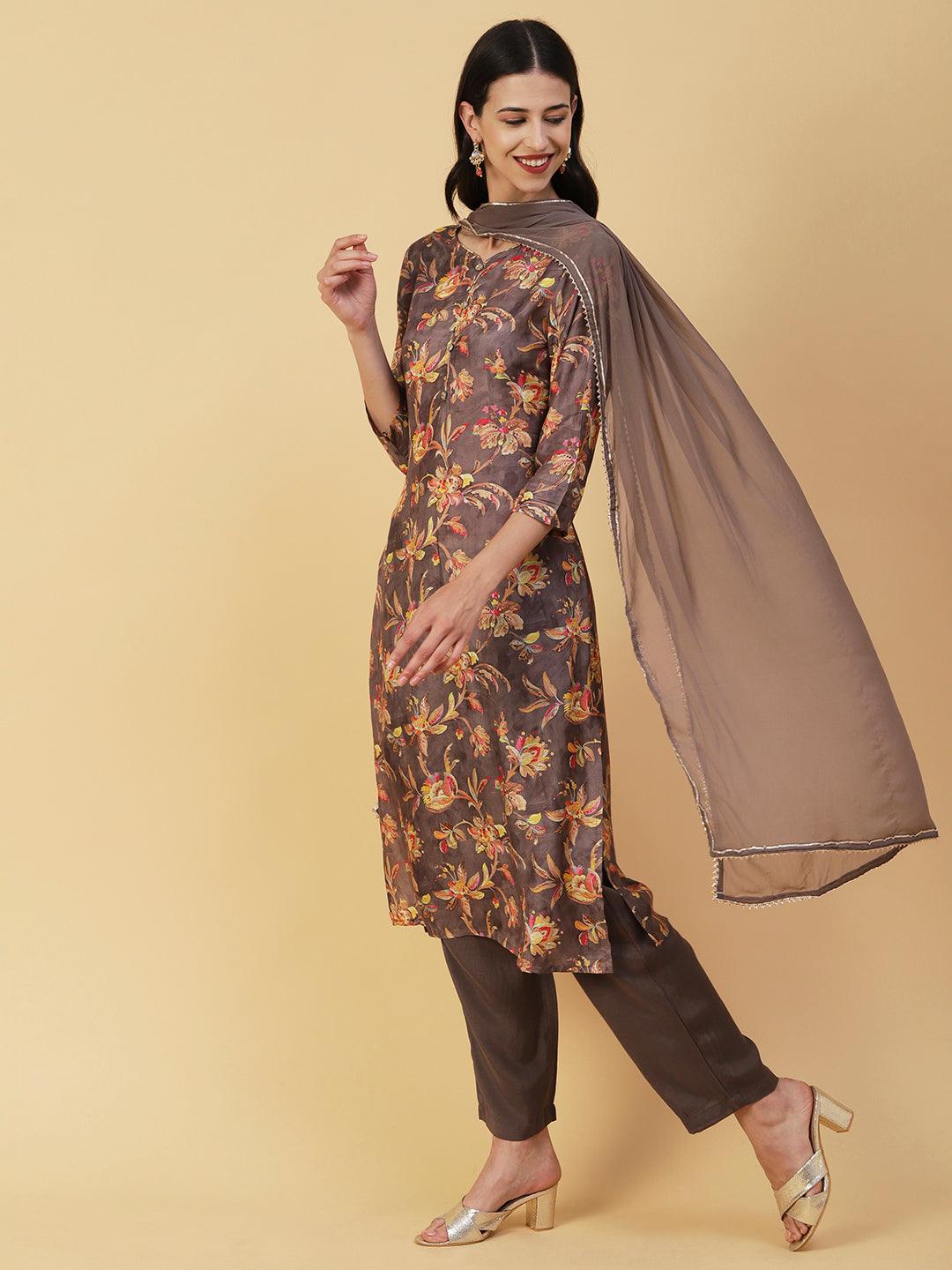 Floral Printed & Hand Embroidered Straight Kurta with Pant & Dupatta - Taupe - Indiakreations