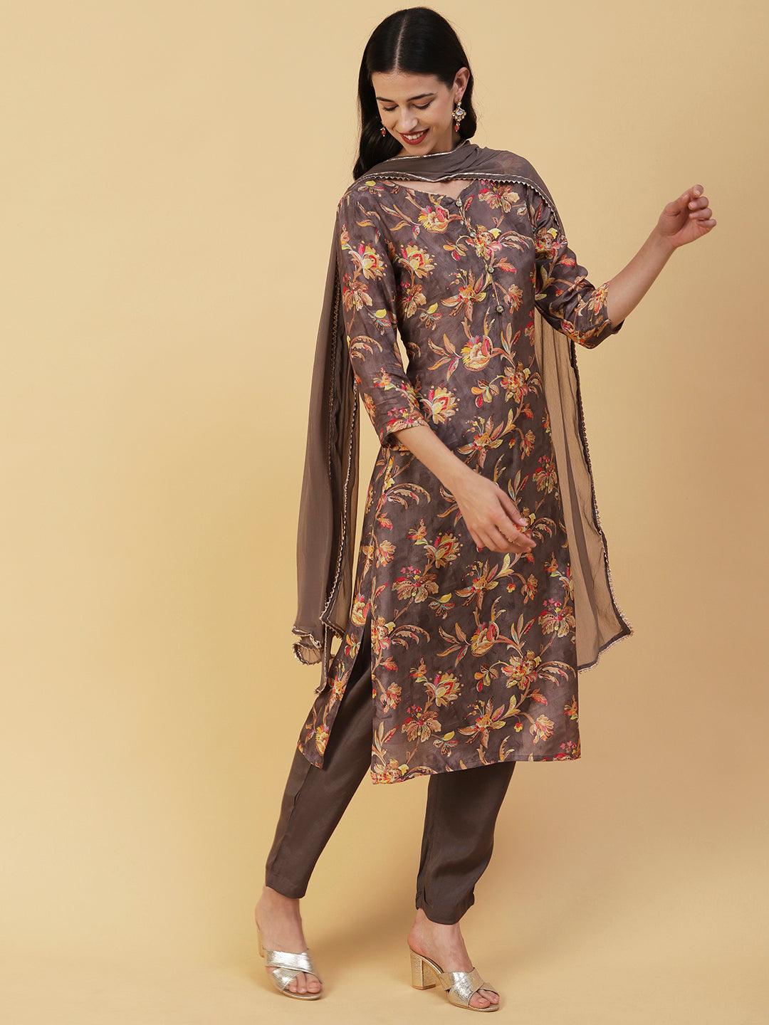 Floral Printed & Hand Embroidered Straight Kurta with Pant & Dupatta - Taupe - Indiakreations