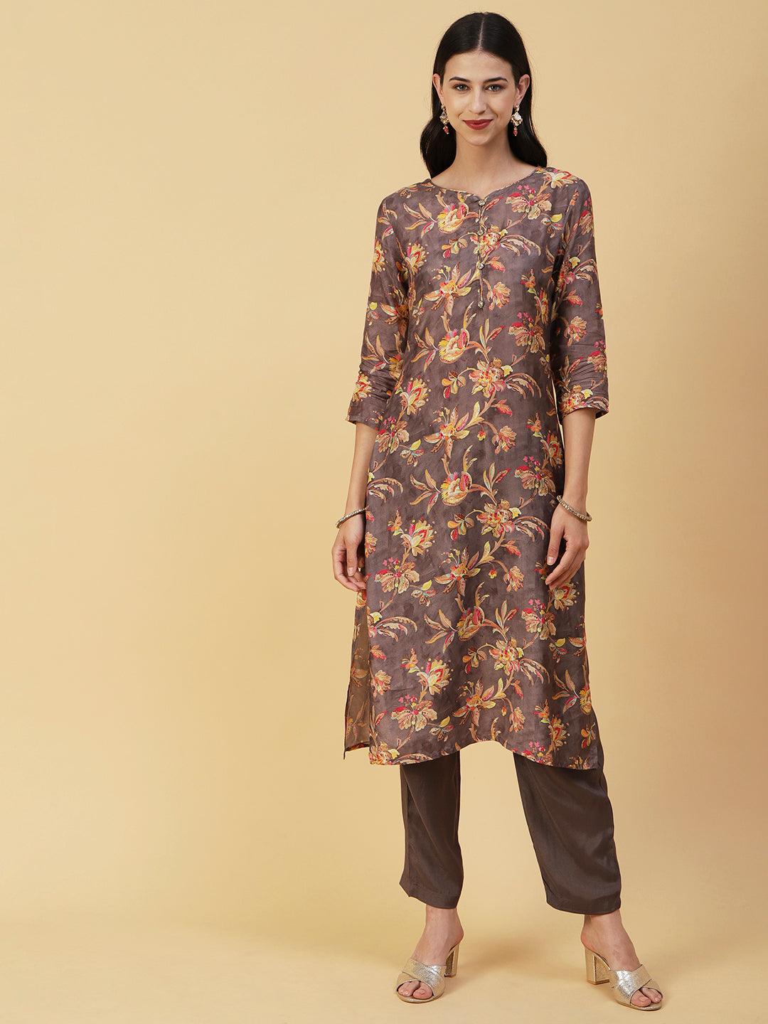 Floral Printed & Hand Embroidered Straight Kurta with Pant & Dupatta - Taupe - Indiakreations