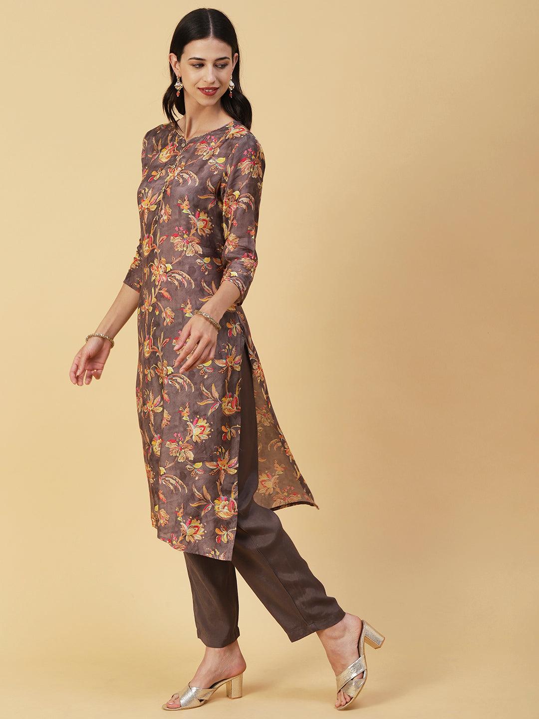 Floral Printed & Hand Embroidered Straight Kurta with Pant & Dupatta - Taupe - Indiakreations