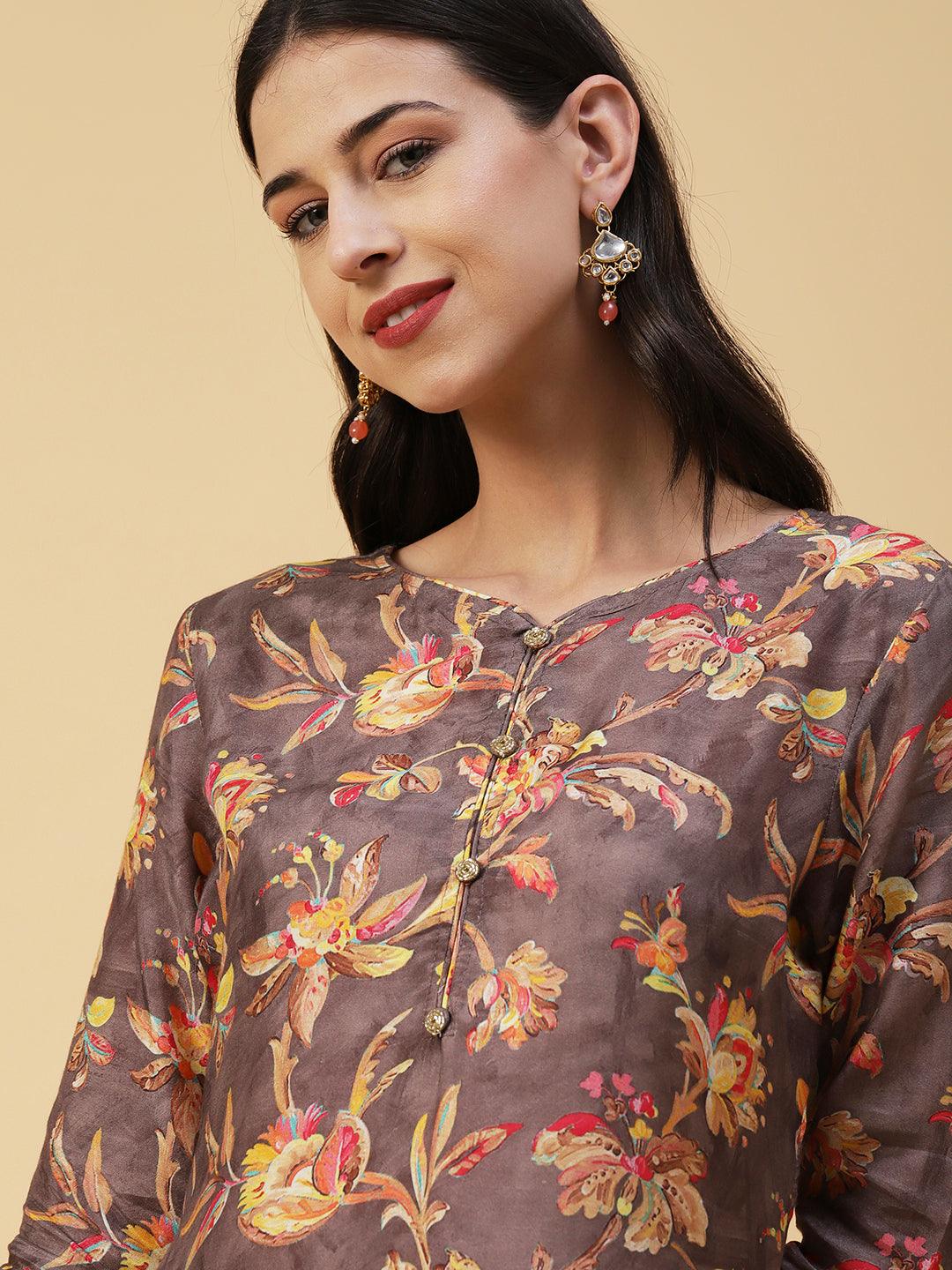 Floral Printed & Hand Embroidered Straight Kurta with Pant & Dupatta - Taupe - Indiakreations