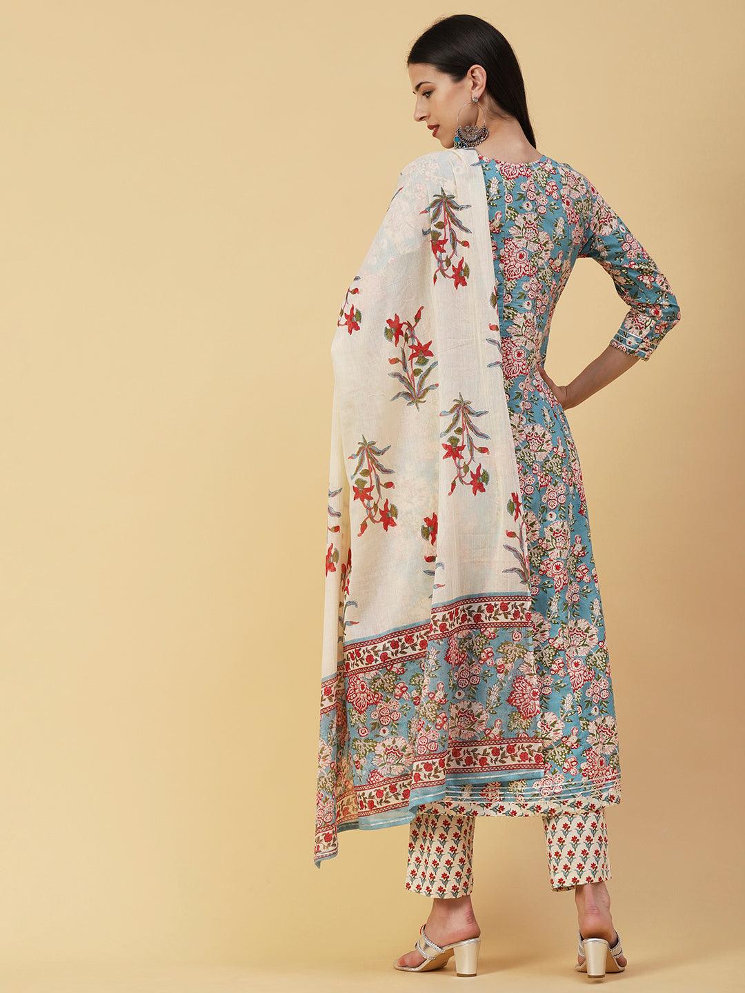 Ethnic Floral Printed Anarkali Flared Kurta with Pant & Dupatta - Off White - Indiakreations