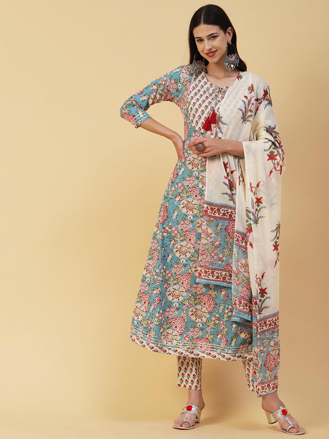 Ethnic Floral Printed Anarkali Flared Kurta with Pant & Dupatta - Off White - Indiakreations