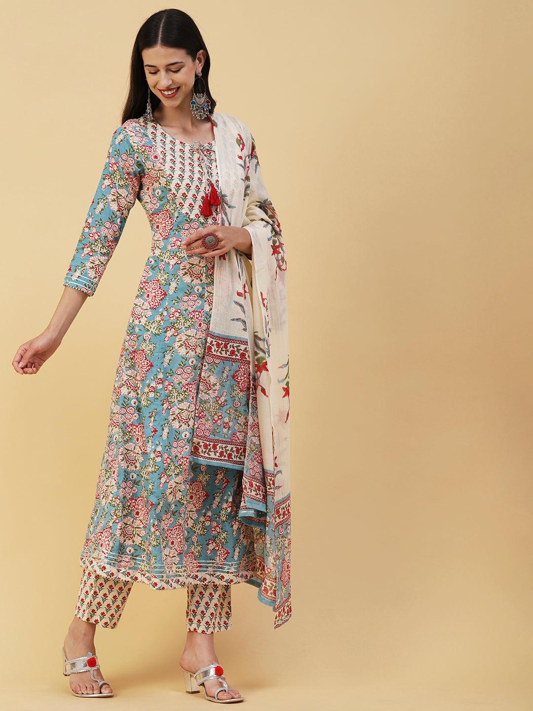 Ethnic Floral Printed Anarkali Flared Kurta with Pant & Dupatta - Off White - Indiakreations