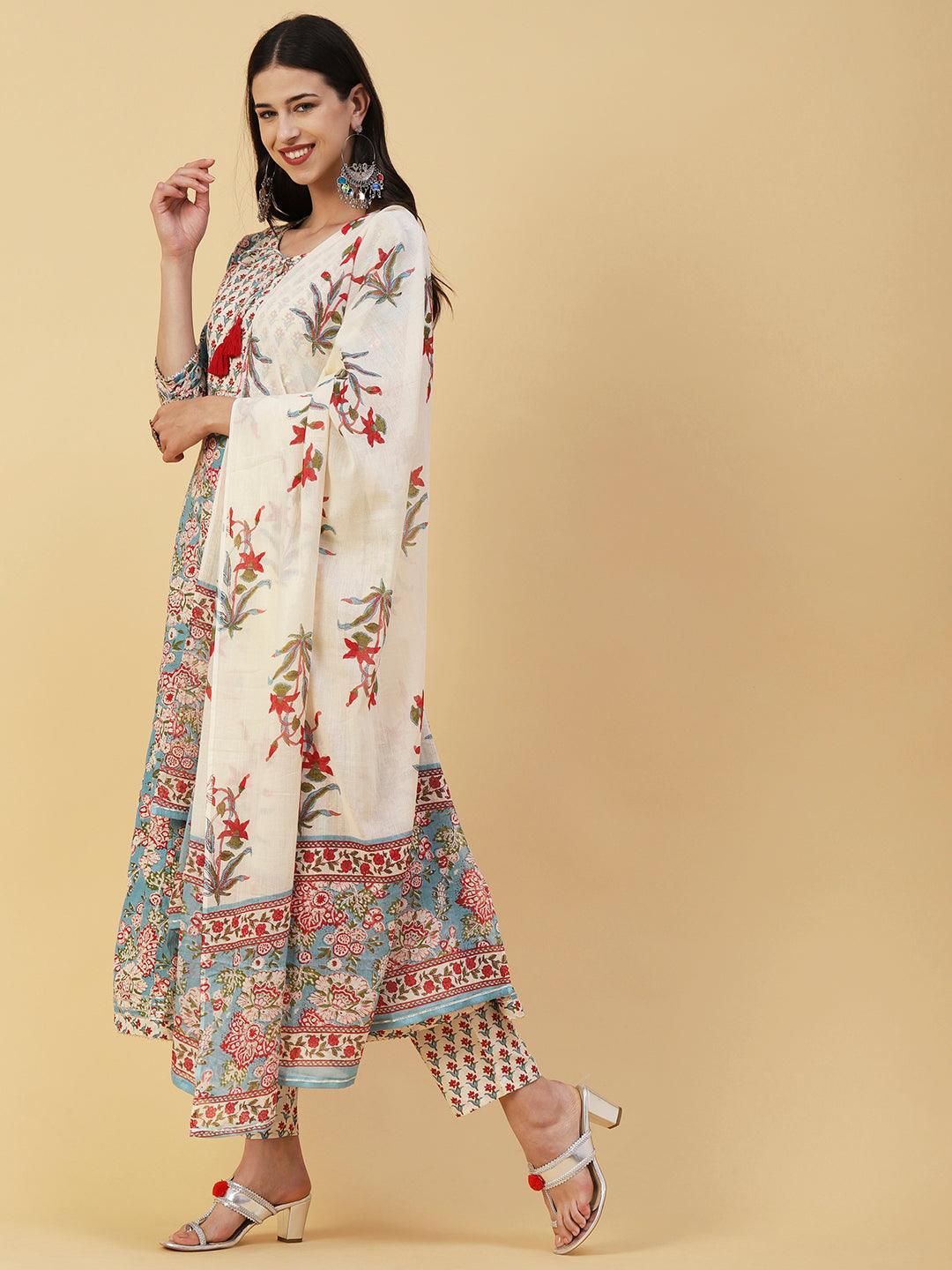 Ethnic Floral Printed Anarkali Flared Kurta with Pant & Dupatta - Off White - Indiakreations