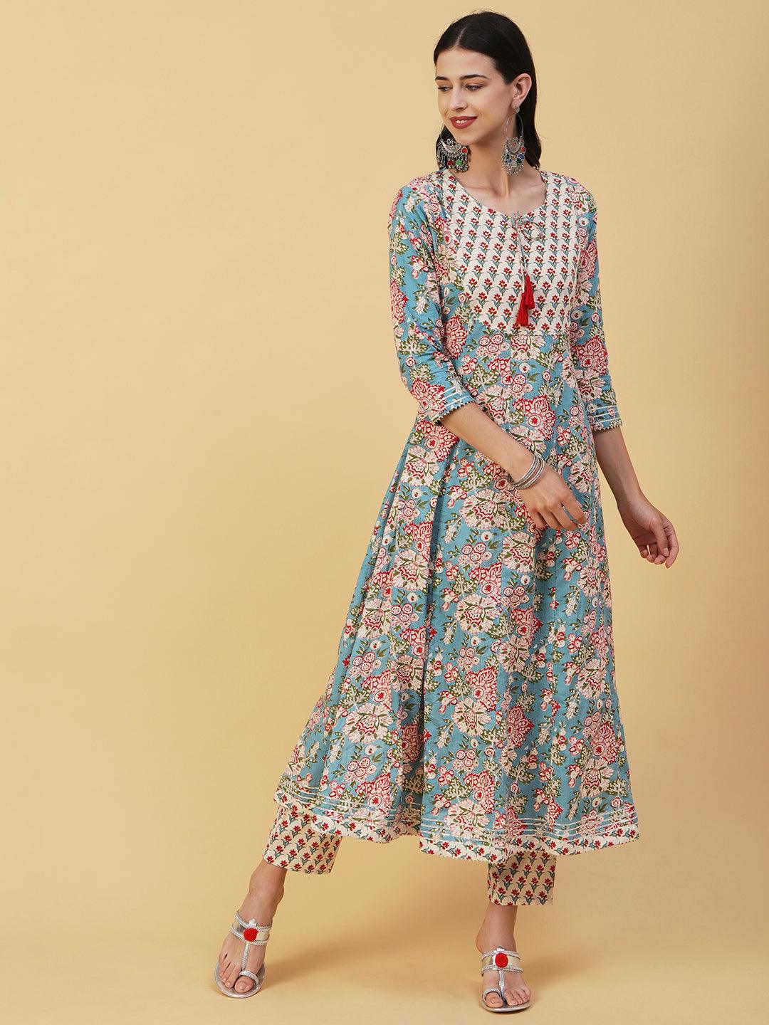 Ethnic Floral Printed Anarkali Flared Kurta with Pant & Dupatta - Off White - Indiakreations