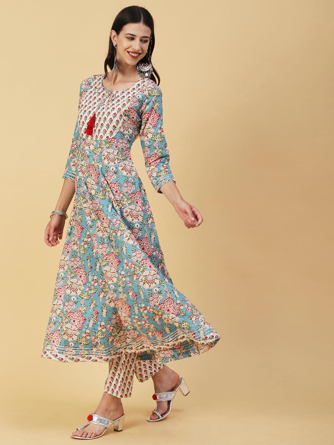 Ethnic Floral Printed Anarkali Flared Kurta with Pant & Dupatta - Off White - Indiakreations