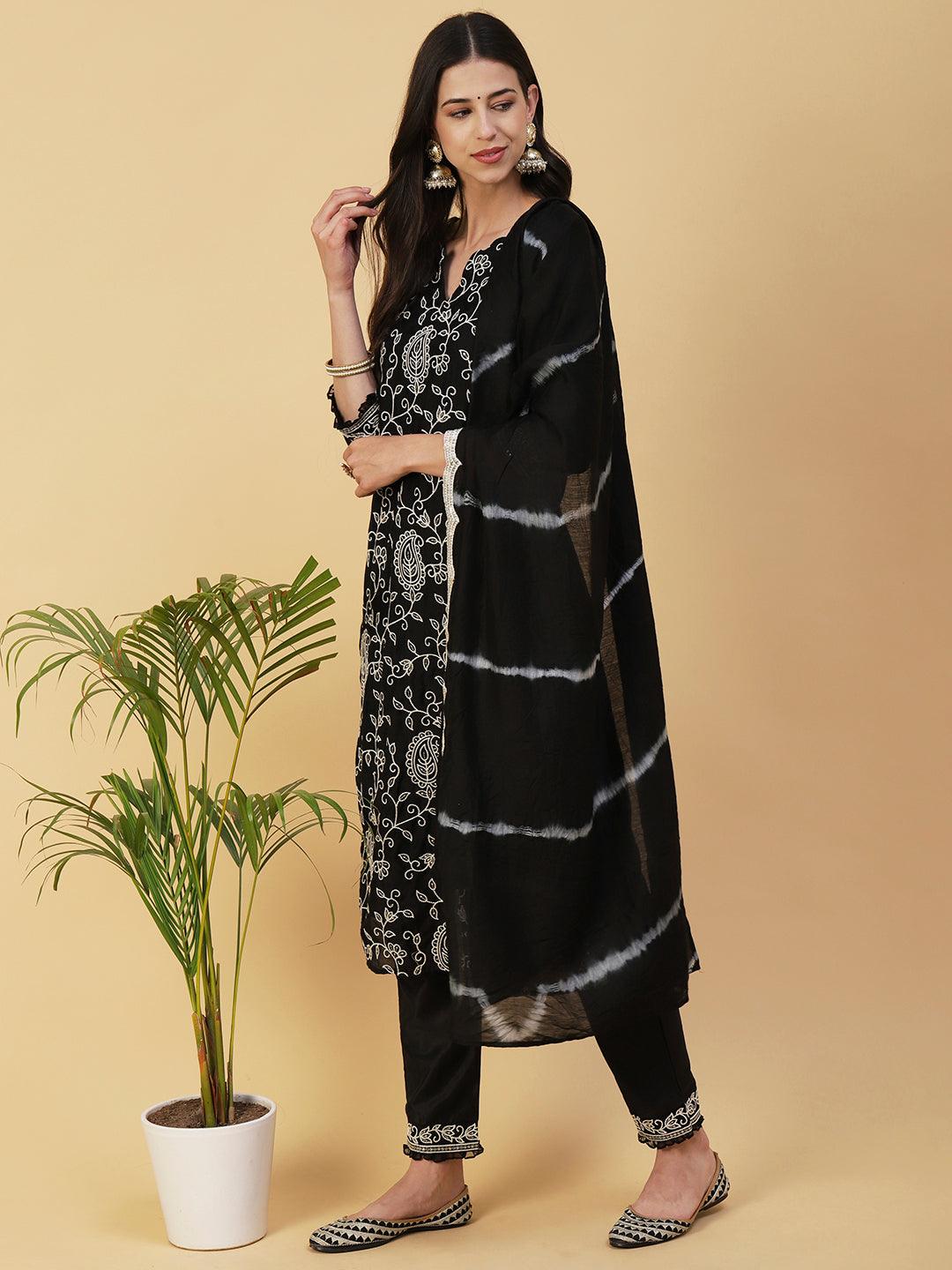 Floral Embroidered Straight Kurta with Pant & Dupatta - Black - Indiakreations