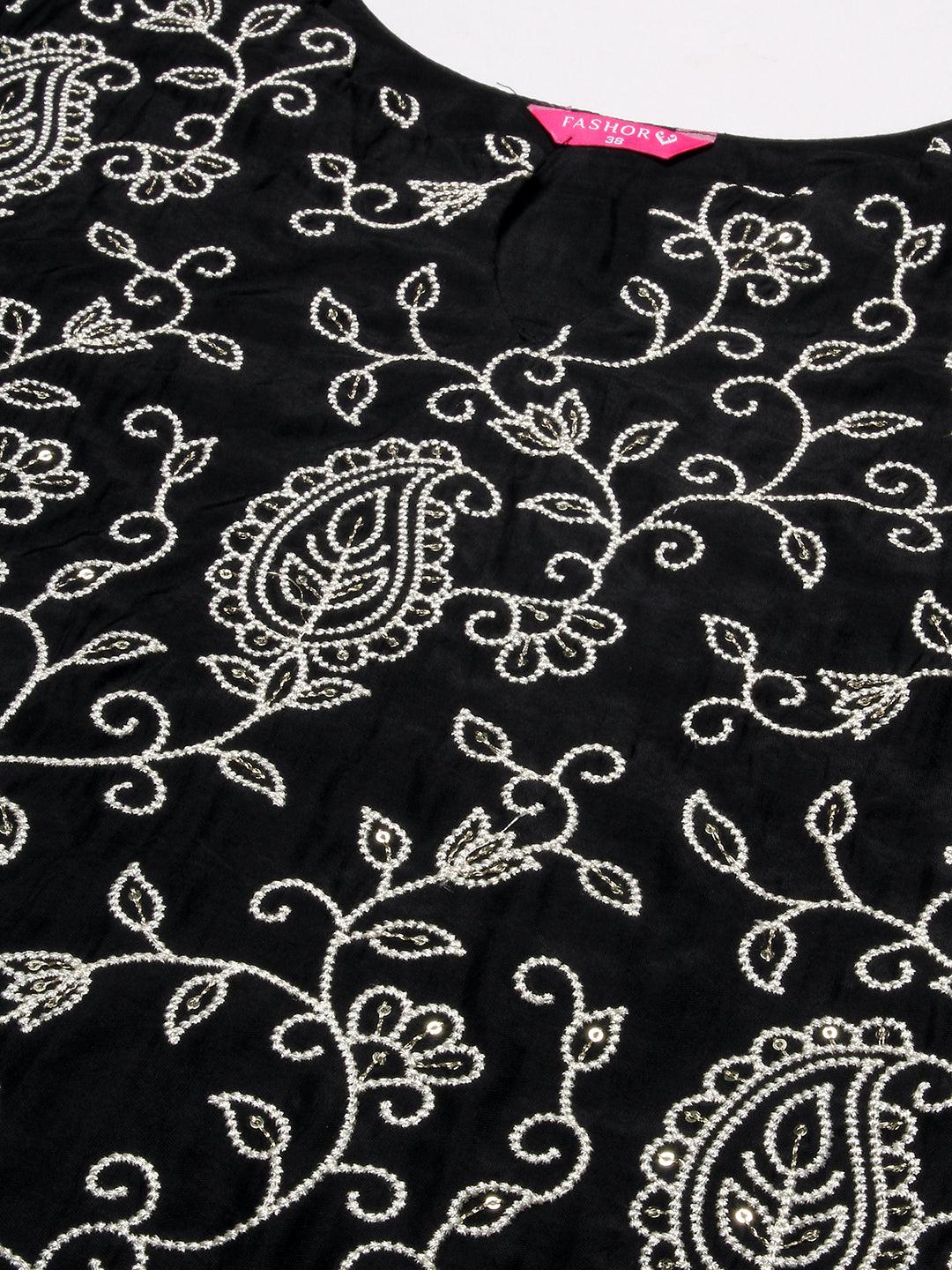 Floral Embroidered Straight Kurta with Pant & Dupatta - Black - Indiakreations