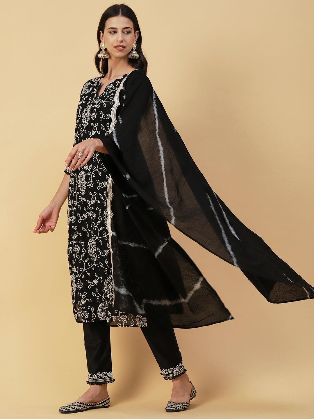 Floral Embroidered Straight Kurta with Pant & Dupatta - Black - Indiakreations