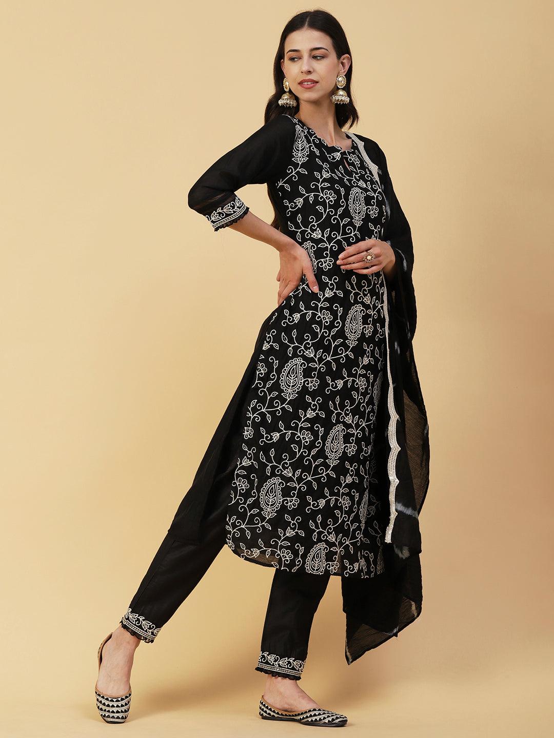 Floral Embroidered Straight Kurta with Pant & Dupatta - Black - Indiakreations