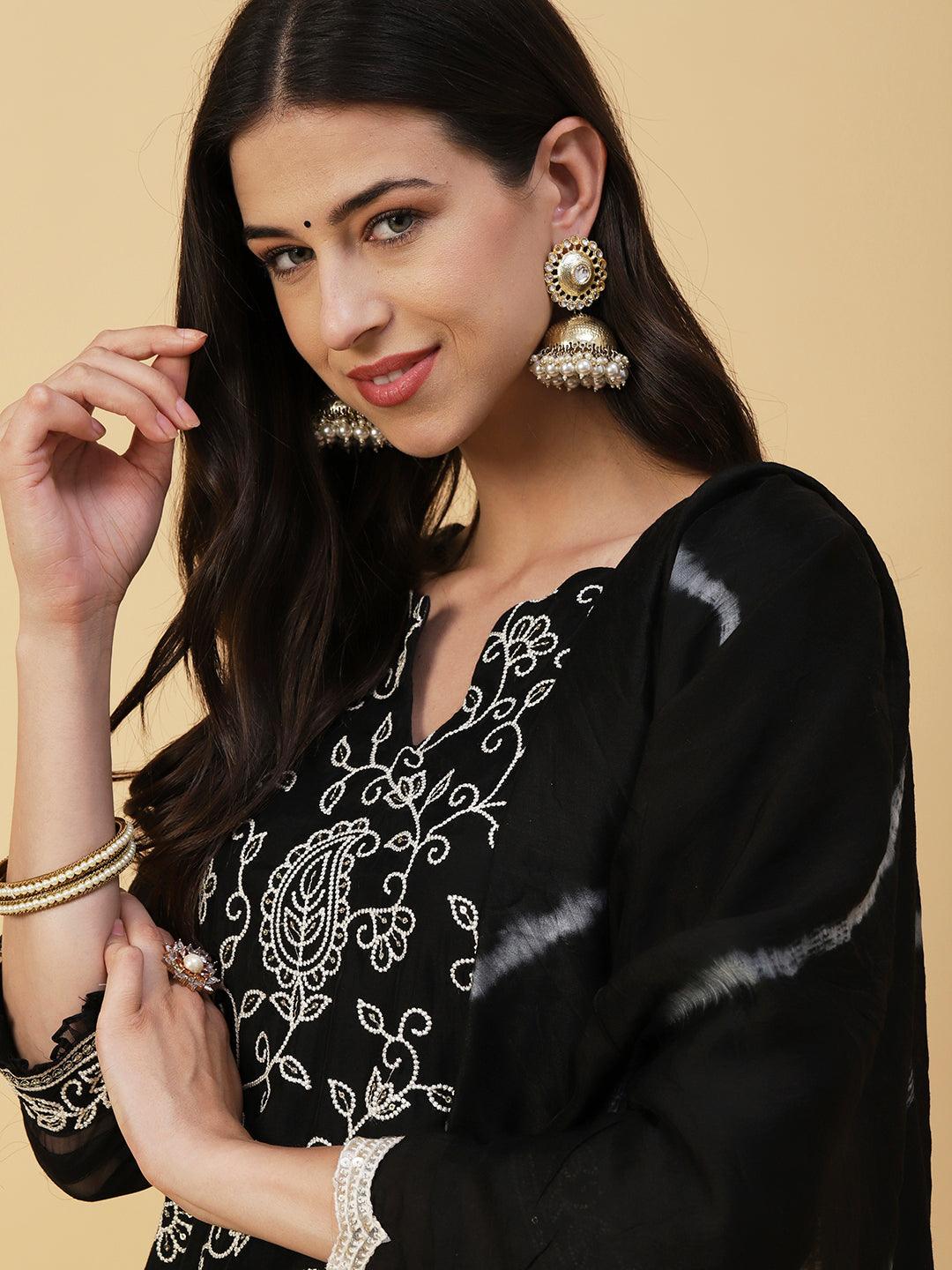 Floral Embroidered Straight Kurta with Pant & Dupatta - Black - Indiakreations