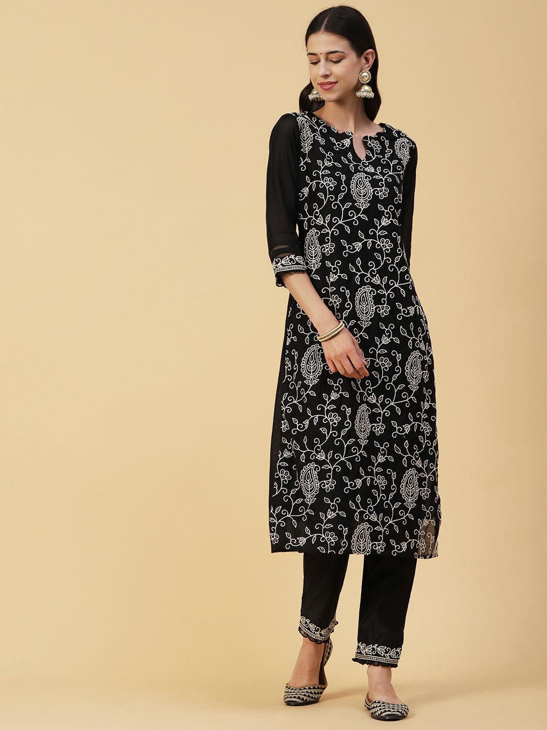 Floral Embroidered Straight Kurta with Pant & Dupatta - Black - Indiakreations