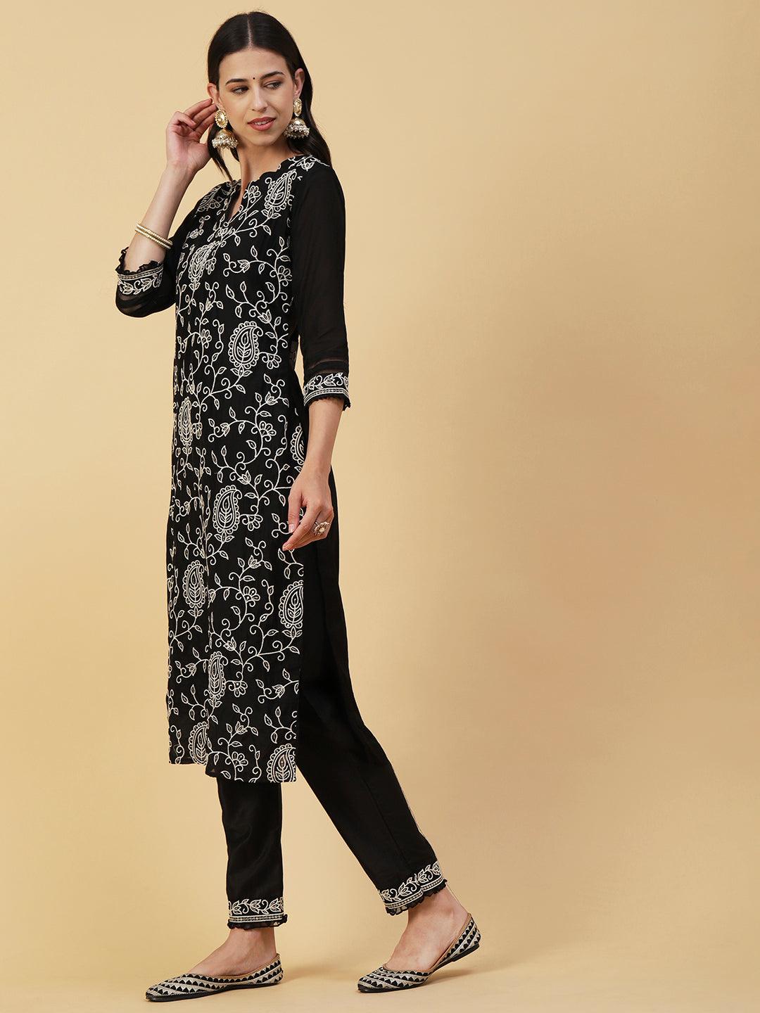 Floral Embroidered Straight Kurta with Pant & Dupatta - Black - Indiakreations