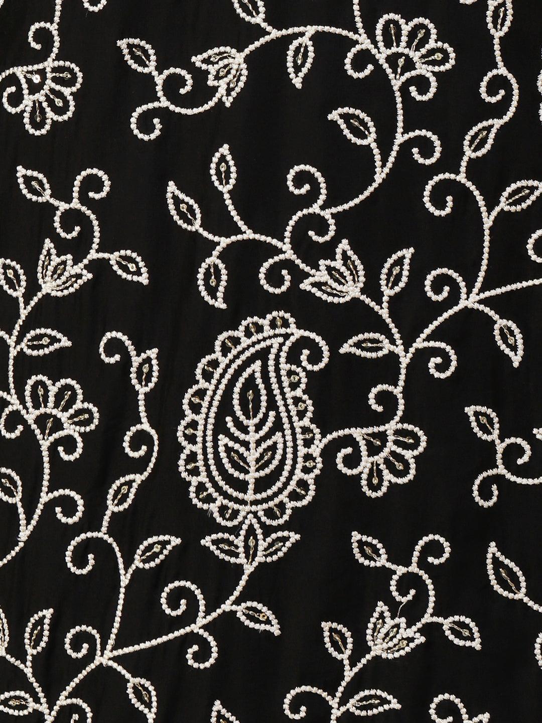 Floral Embroidered Straight Kurta with Pant & Dupatta - Black - Indiakreations