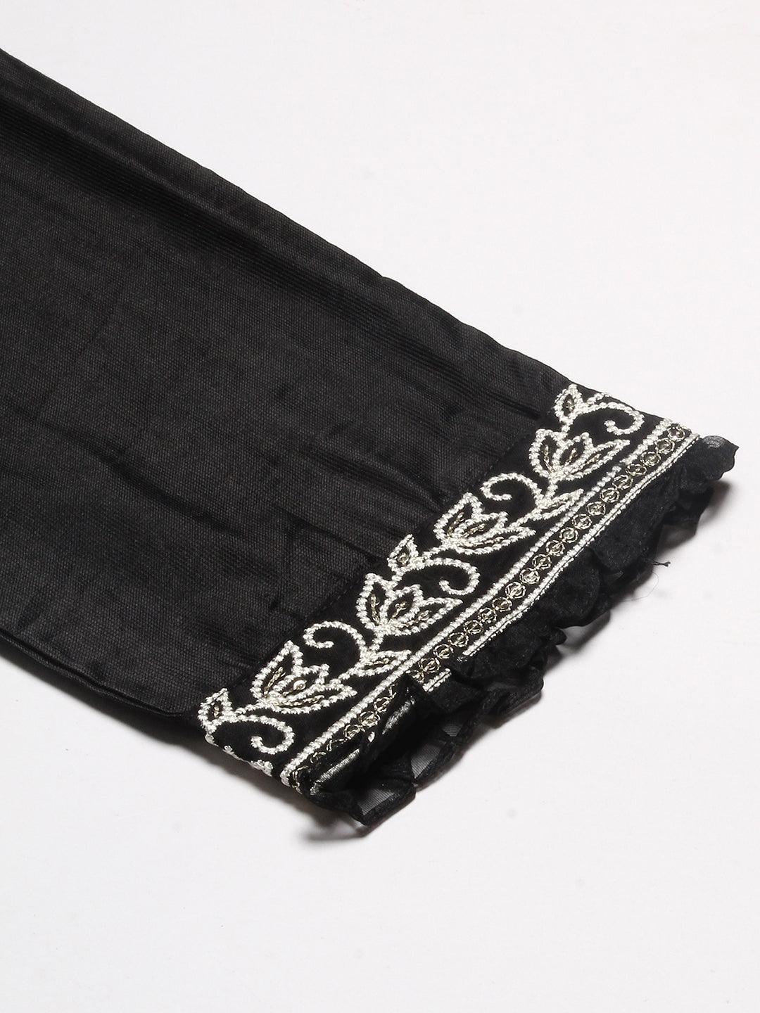 Floral Embroidered Straight Kurta with Pant & Dupatta - Black - Indiakreations