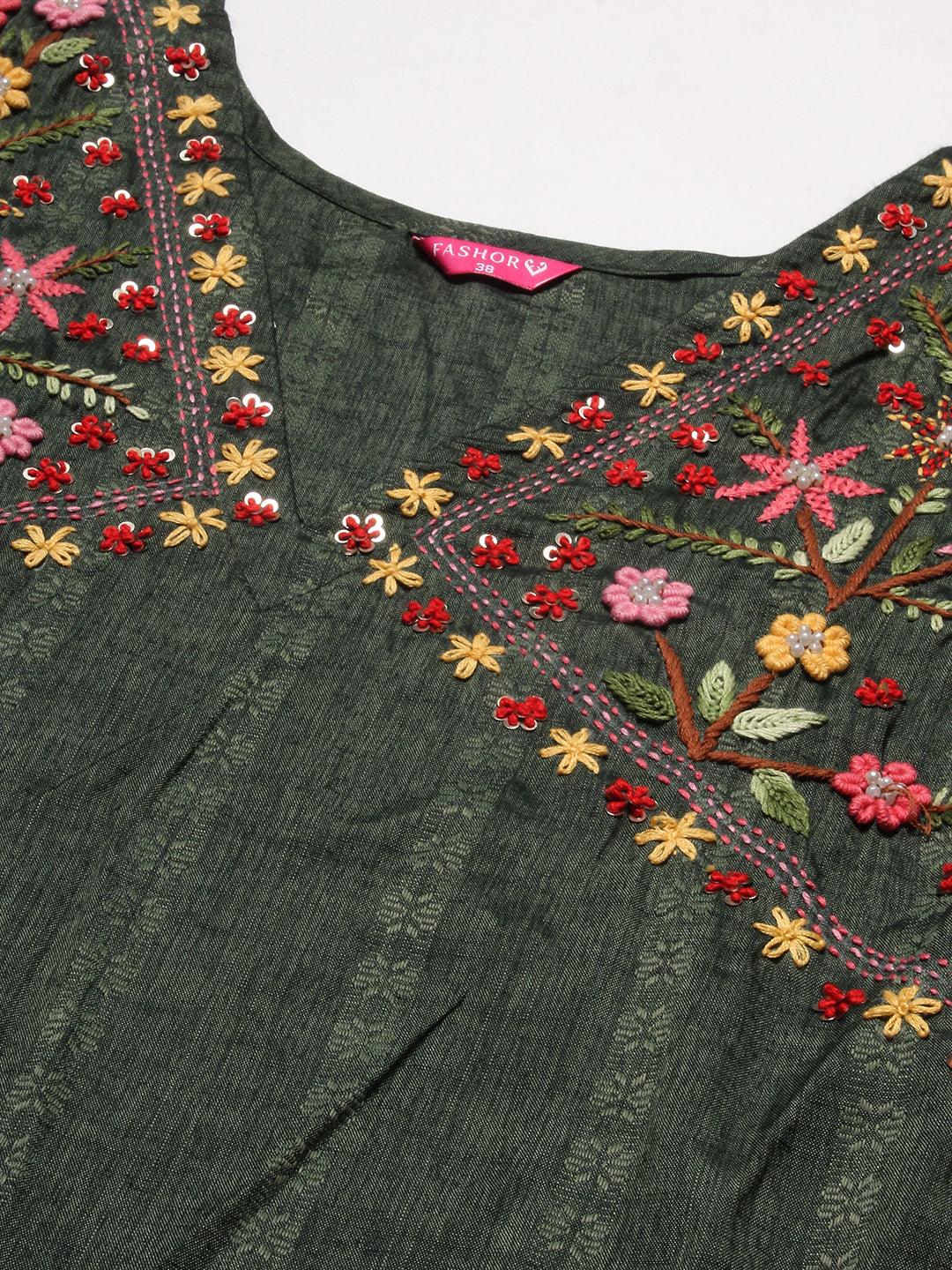 Woven Self Design Resham & sequins Embroidered Kurta - Dark Green - Indiakreations