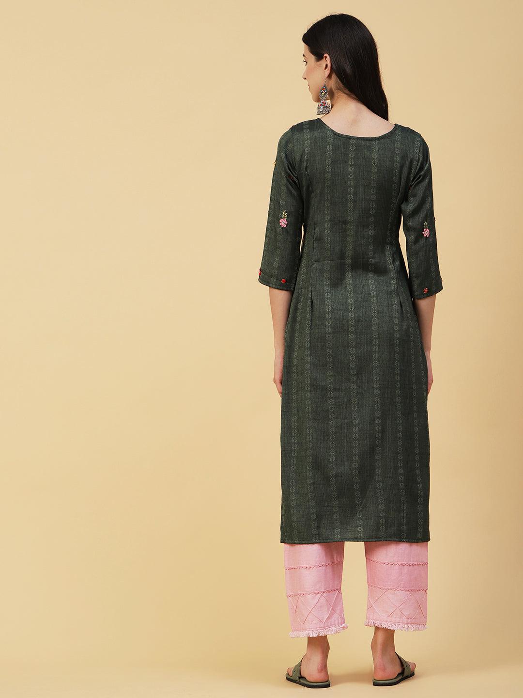 Woven Self Design Resham & sequins Embroidered Kurta - Dark Green - Indiakreations