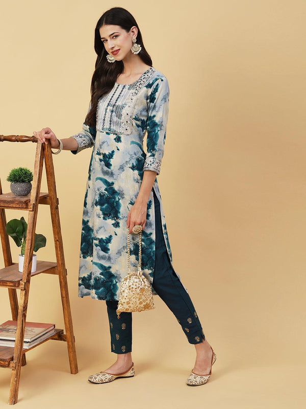 Abstract Printed Mirror, Zari & Resham Embroidered Foil Printed Kurta - Blue - Indiakreations