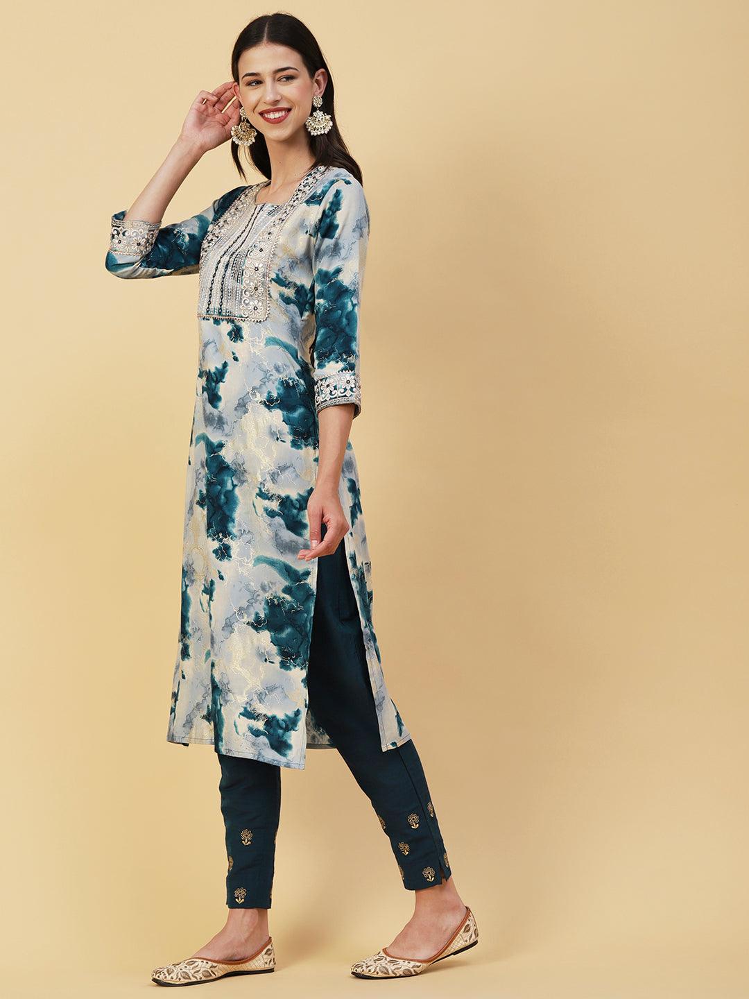 Abstract Printed Mirror, Zari & Resham Embroidered Foil Printed Kurta - Blue - Indiakreations