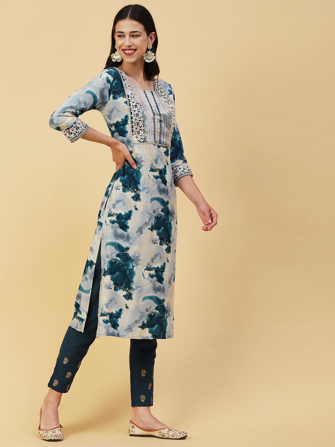 Abstract Printed Mirror, Zari & Resham Embroidered Foil Printed Kurta - Blue - Indiakreations