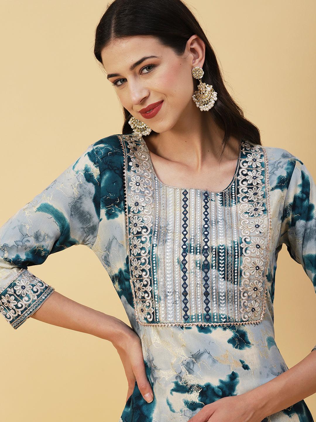 Abstract Printed Mirror, Zari & Resham Embroidered Foil Printed Kurta - Blue - Indiakreations