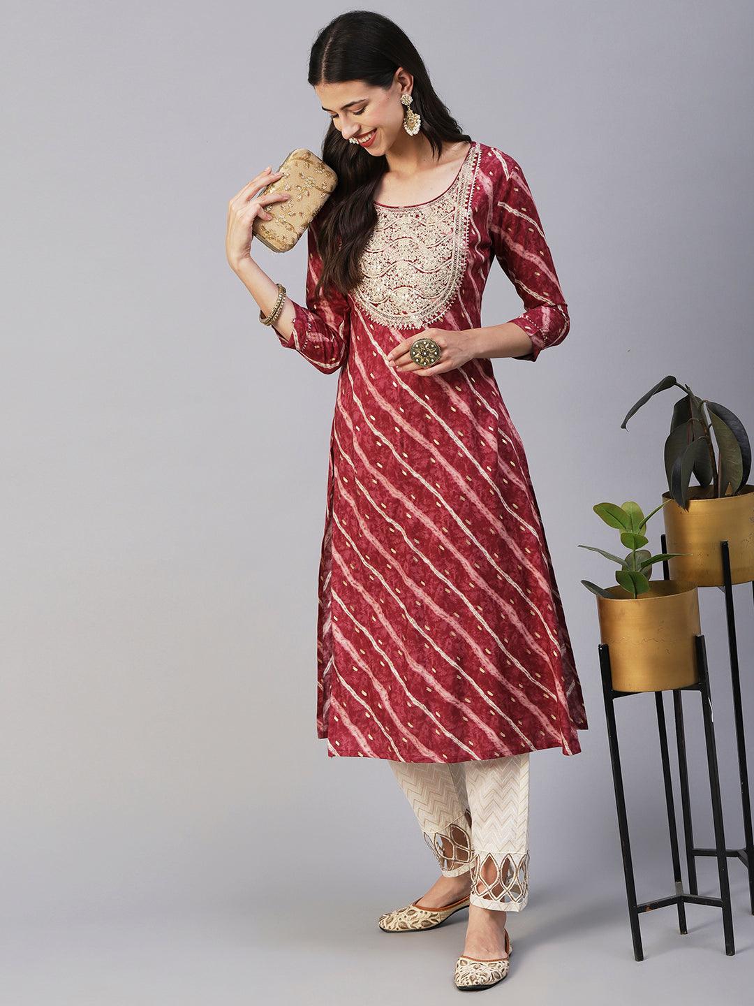 Lehriya & Foil Printed Zari Dori & Sequins Embroidered Kurta - Maroon - Indiakreations