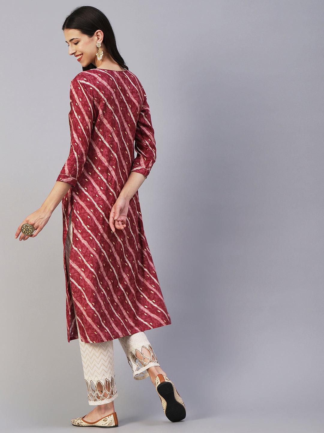 Lehriya & Foil Printed Zari Dori & Sequins Embroidered Kurta - Maroon - Indiakreations