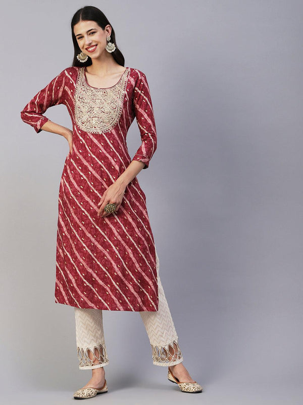 Lehriya & Foil Printed Zari Dori & Sequins Embroidered Kurta - Maroon - Indiakreations