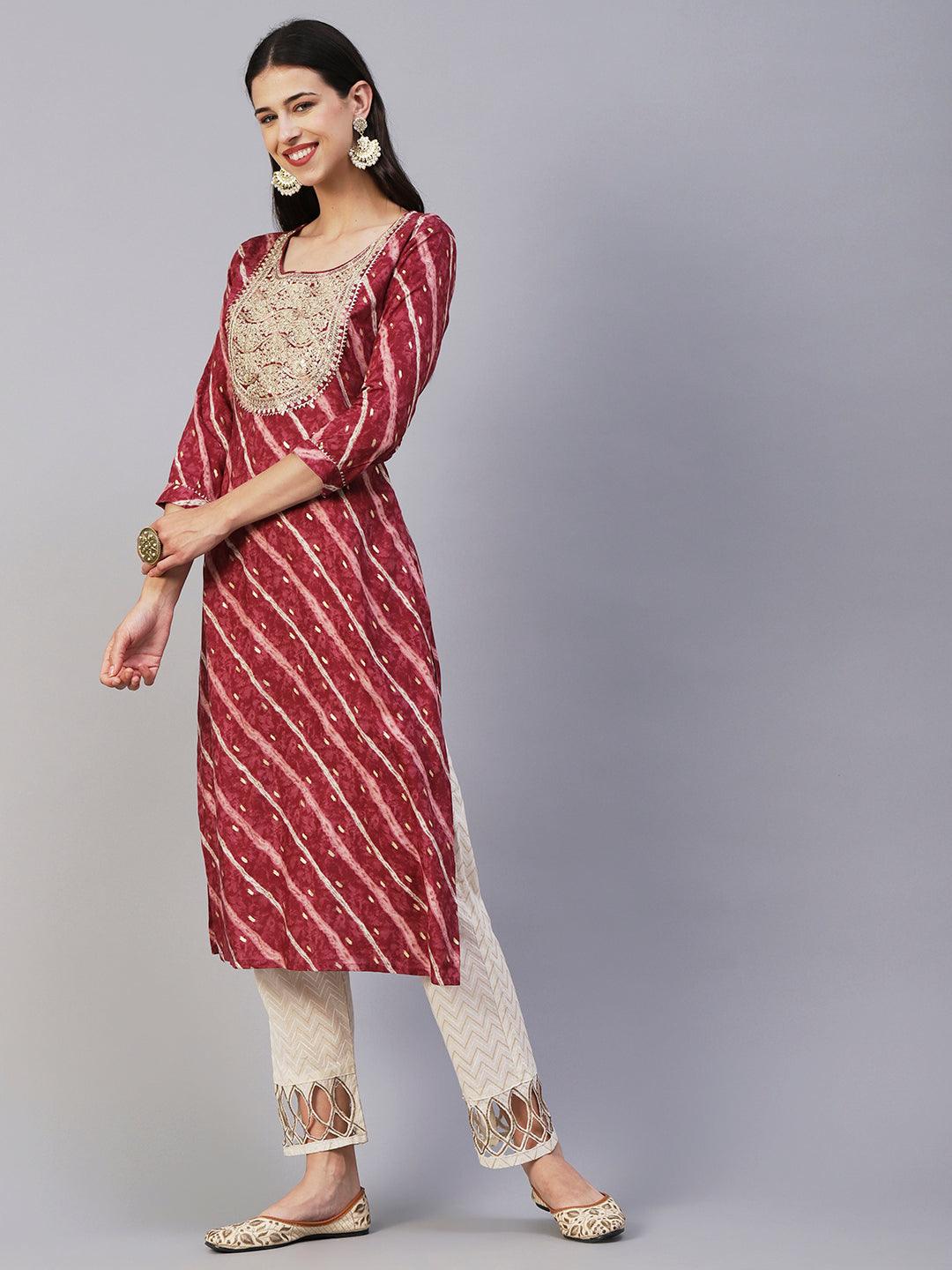 Lehriya & Foil Printed Zari Dori & Sequins Embroidered Kurta - Maroon - Indiakreations