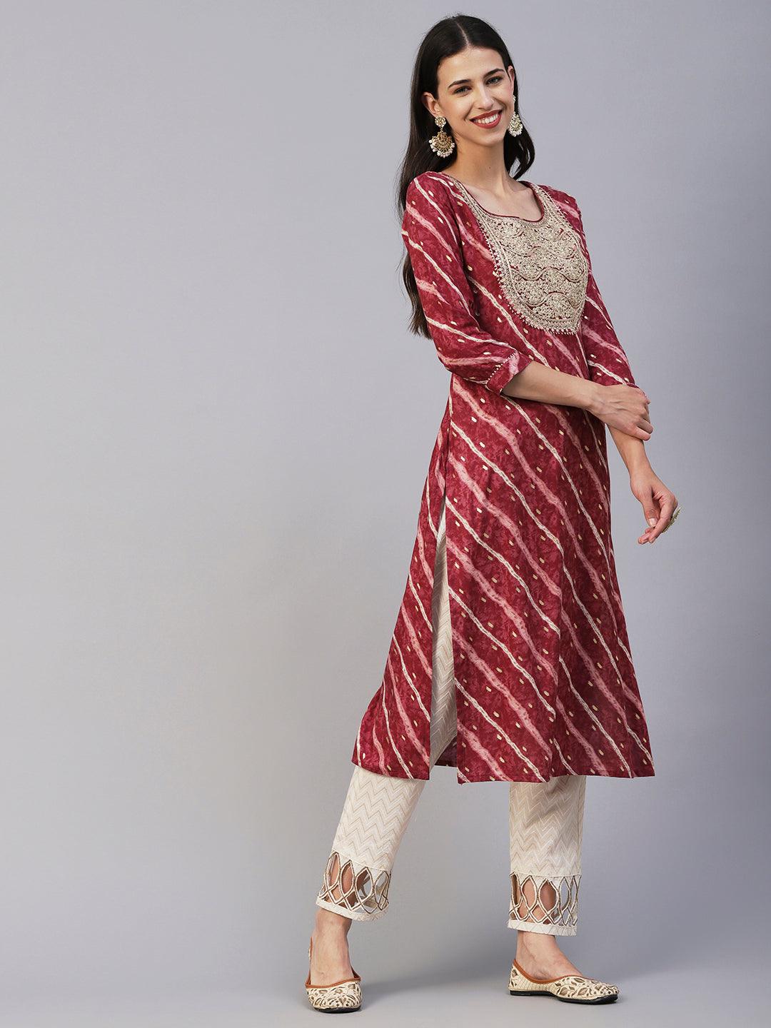 Lehriya & Foil Printed Zari Dori & Sequins Embroidered Kurta - Maroon - Indiakreations