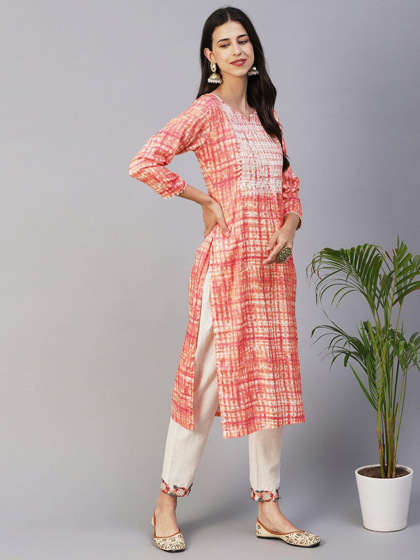 Abstract Shibori Printed Resham & Zari Embroidered Kurta - Peach - Indiakreations