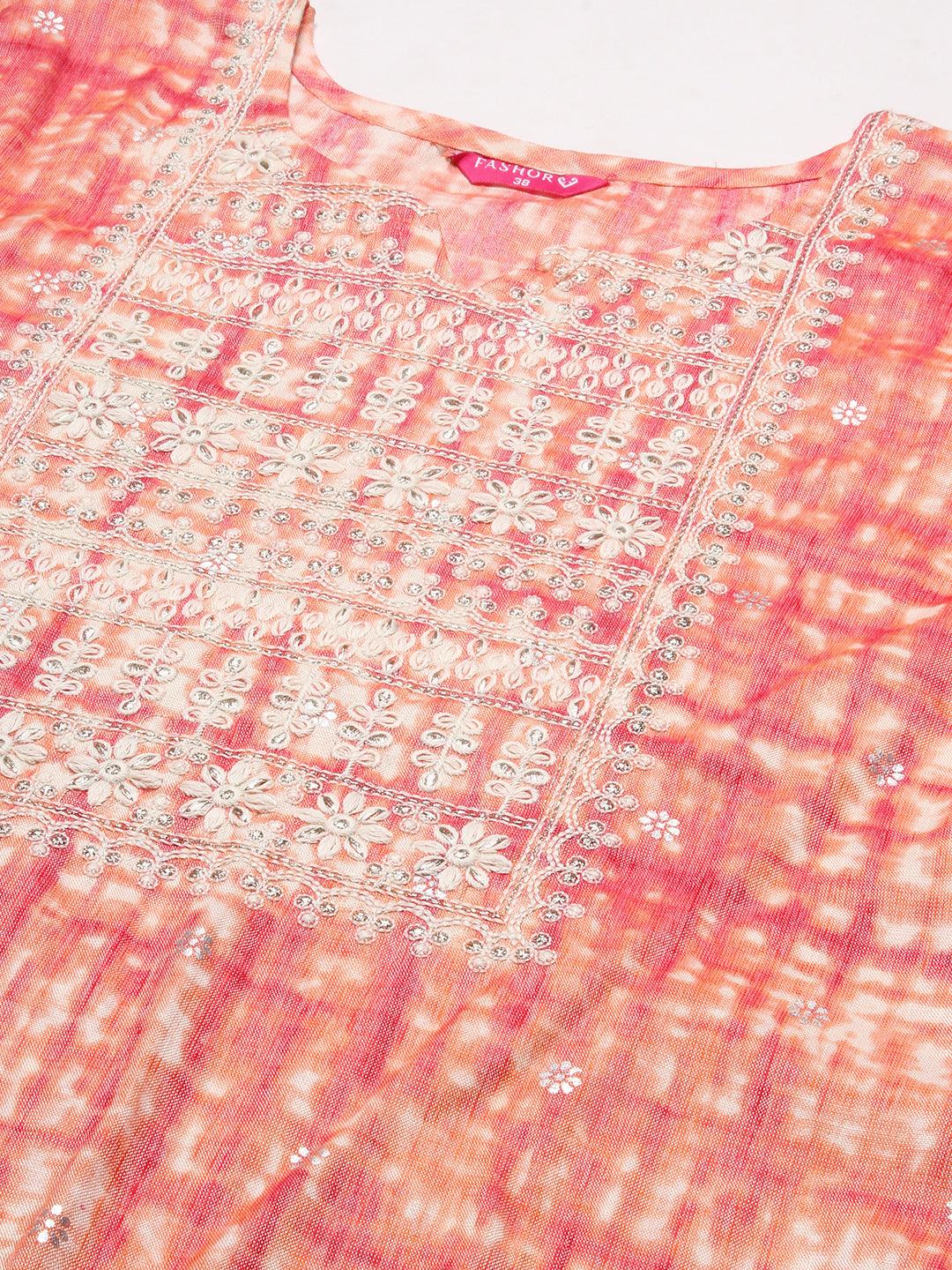 Abstract Shibori Printed Resham & Zari Embroidered Kurta - Peach - Indiakreations