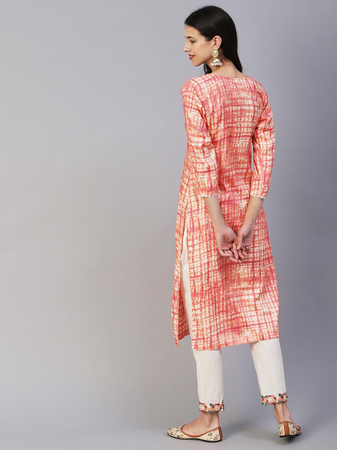 Abstract Shibori Printed Resham & Zari Embroidered Kurta - Peach - Indiakreations