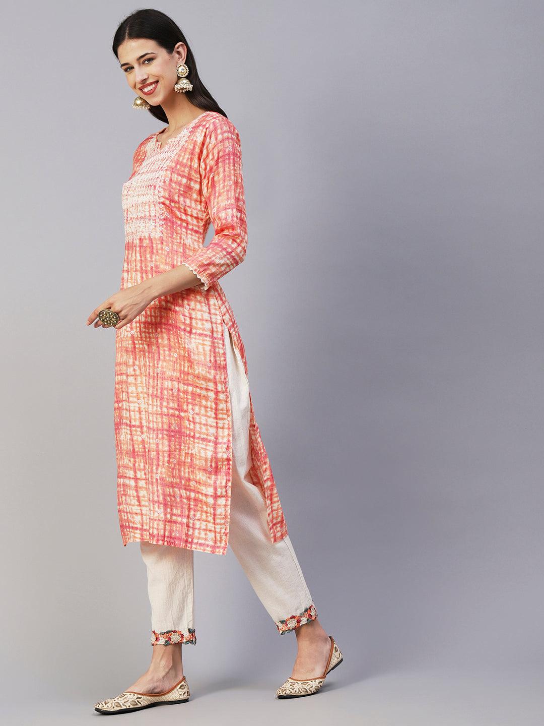 Abstract Shibori Printed Resham & Zari Embroidered Kurta - Peach - Indiakreations