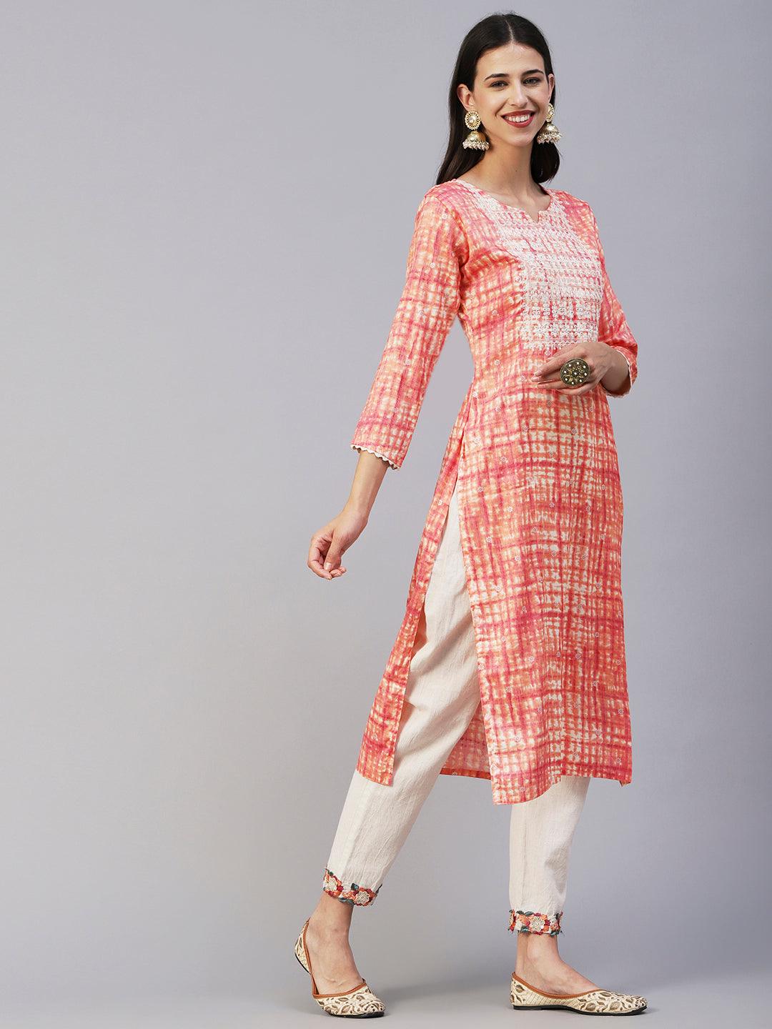 Abstract Shibori Printed Resham & Zari Embroidered Kurta - Peach - Indiakreations