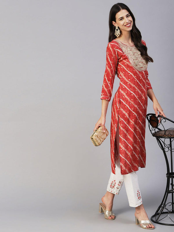 Lehriya & Foil Printed Zari Dori & Sequins Embroidered Kurta - Rust - Indiakreations