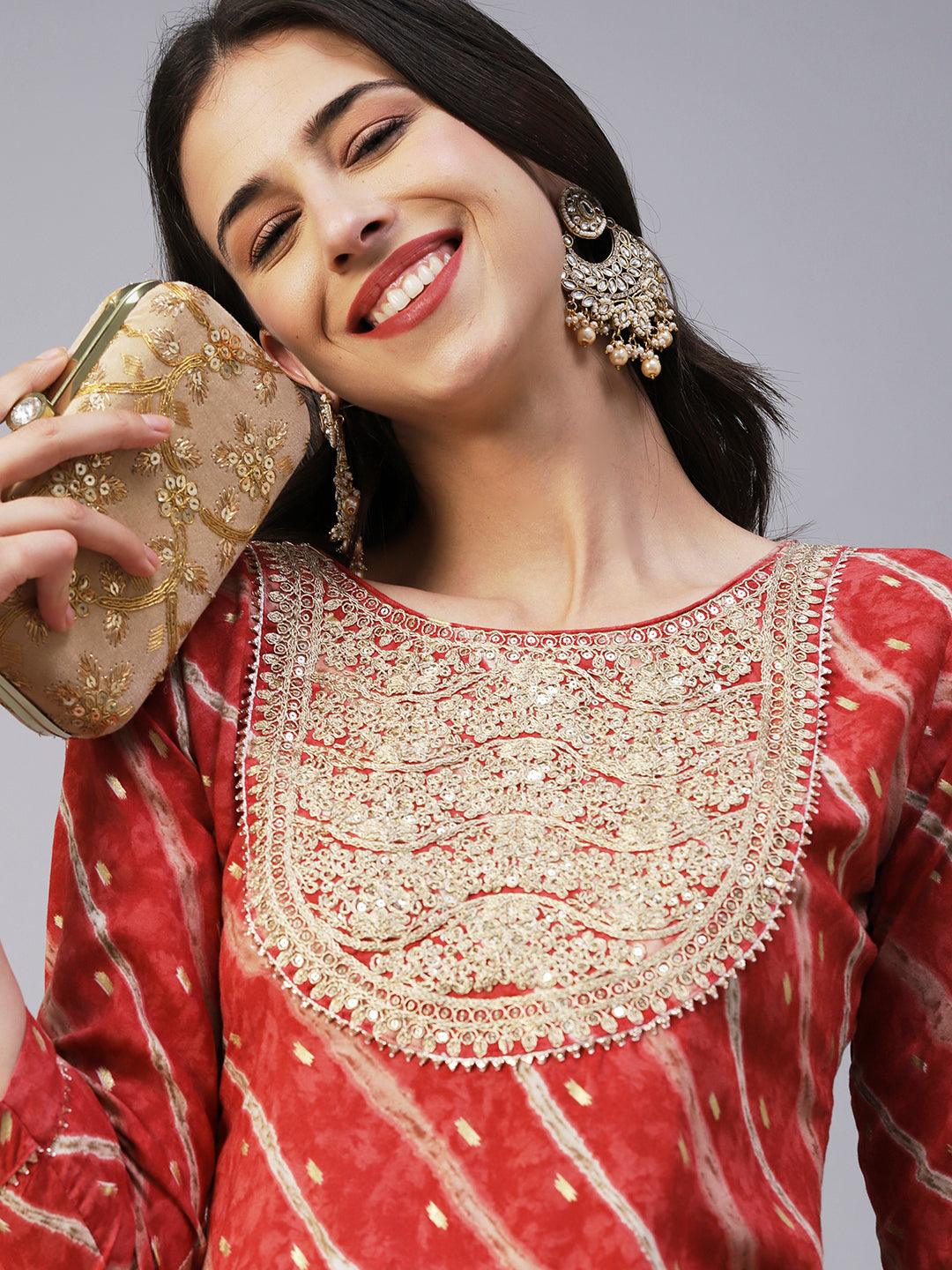 Lehriya & Foil Printed Zari Dori & Sequins Embroidered Kurta - Rust - Indiakreations