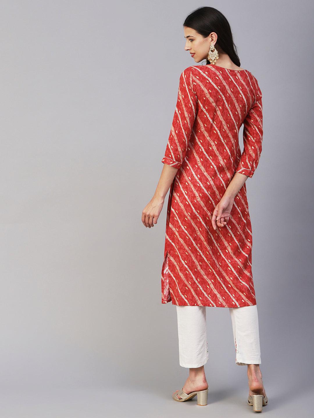 Lehriya & Foil Printed Zari Dori & Sequins Embroidered Kurta - Rust - Indiakreations