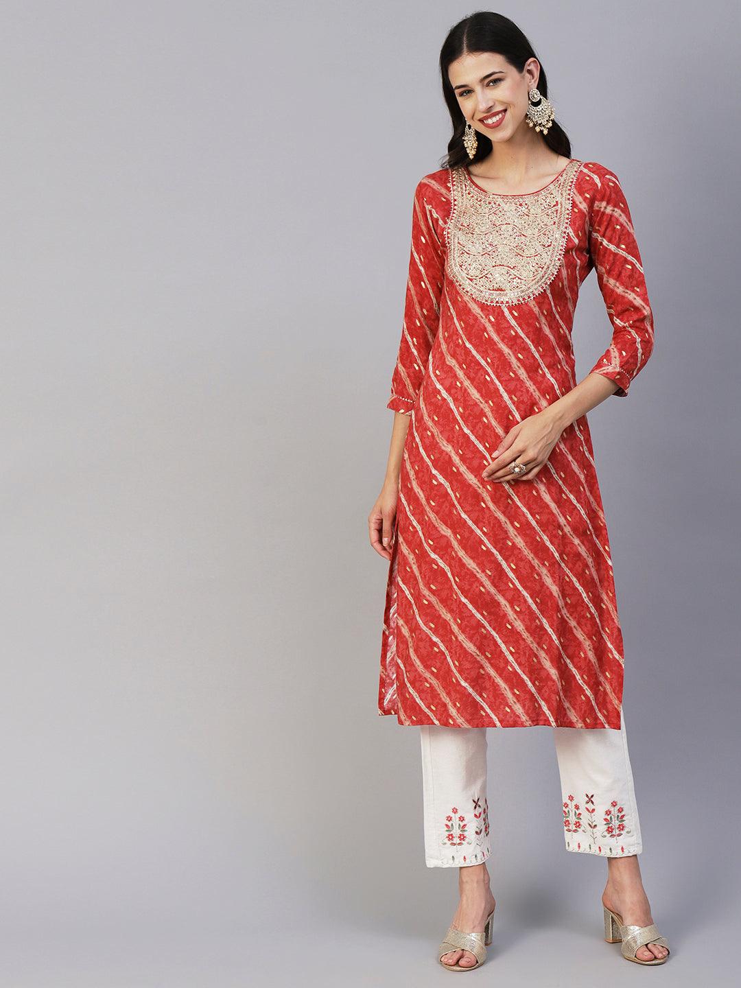 Lehriya & Foil Printed Zari Dori & Sequins Embroidered Kurta - Rust - Indiakreations