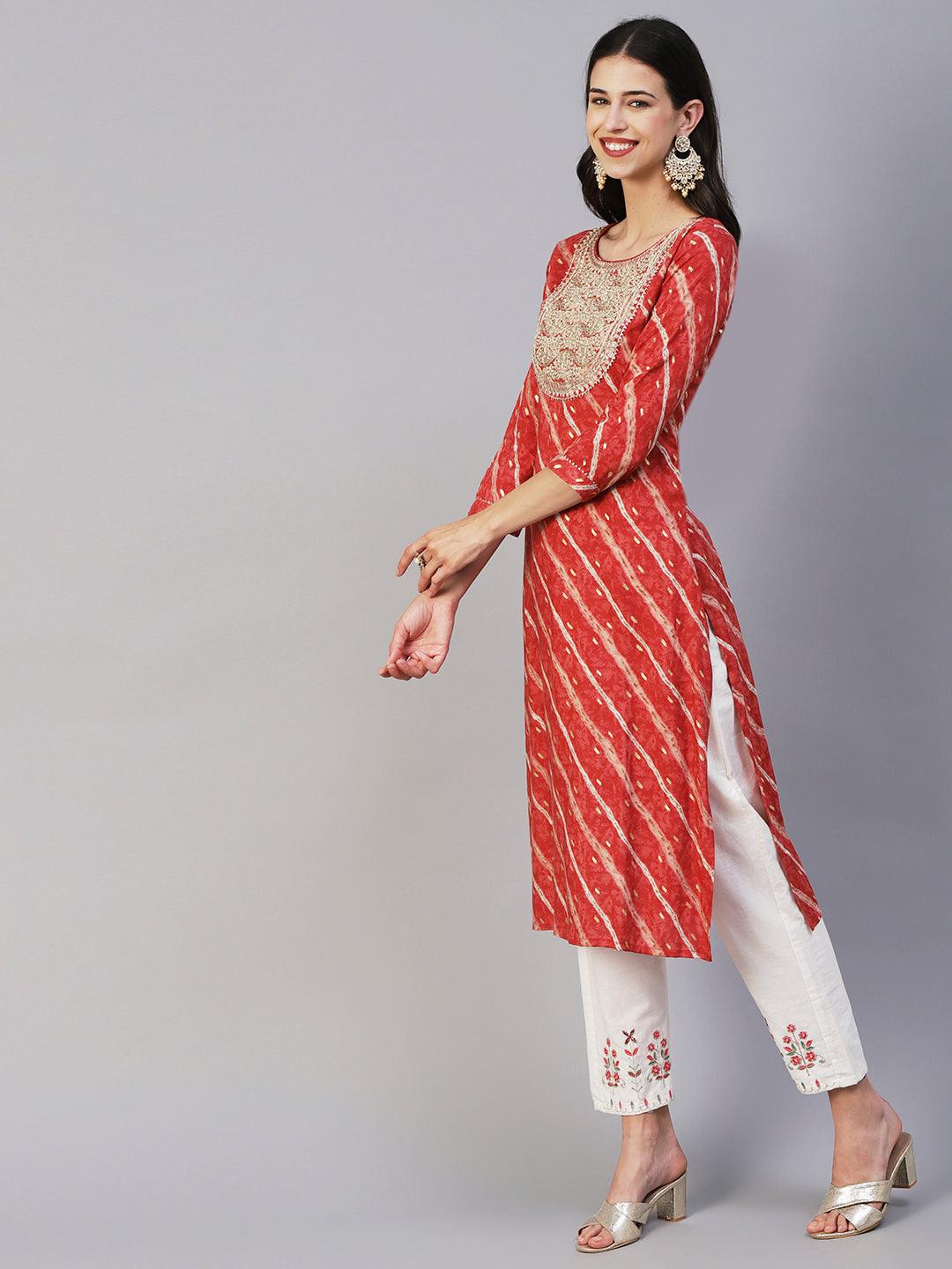 Lehriya & Foil Printed Zari Dori & Sequins Embroidered Kurta - Rust - Indiakreations