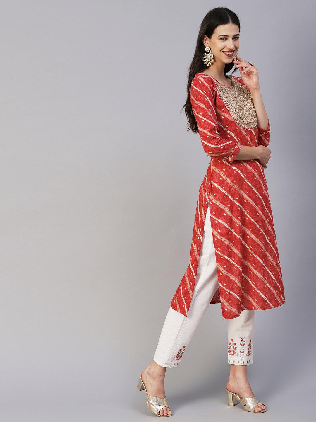 Lehriya & Foil Printed Zari Dori & Sequins Embroidered Kurta - Rust - Indiakreations