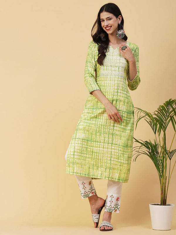 Abstract Shibori Printed Resham & Zari Embroidered Kurta - Lime Green - Indiakreations