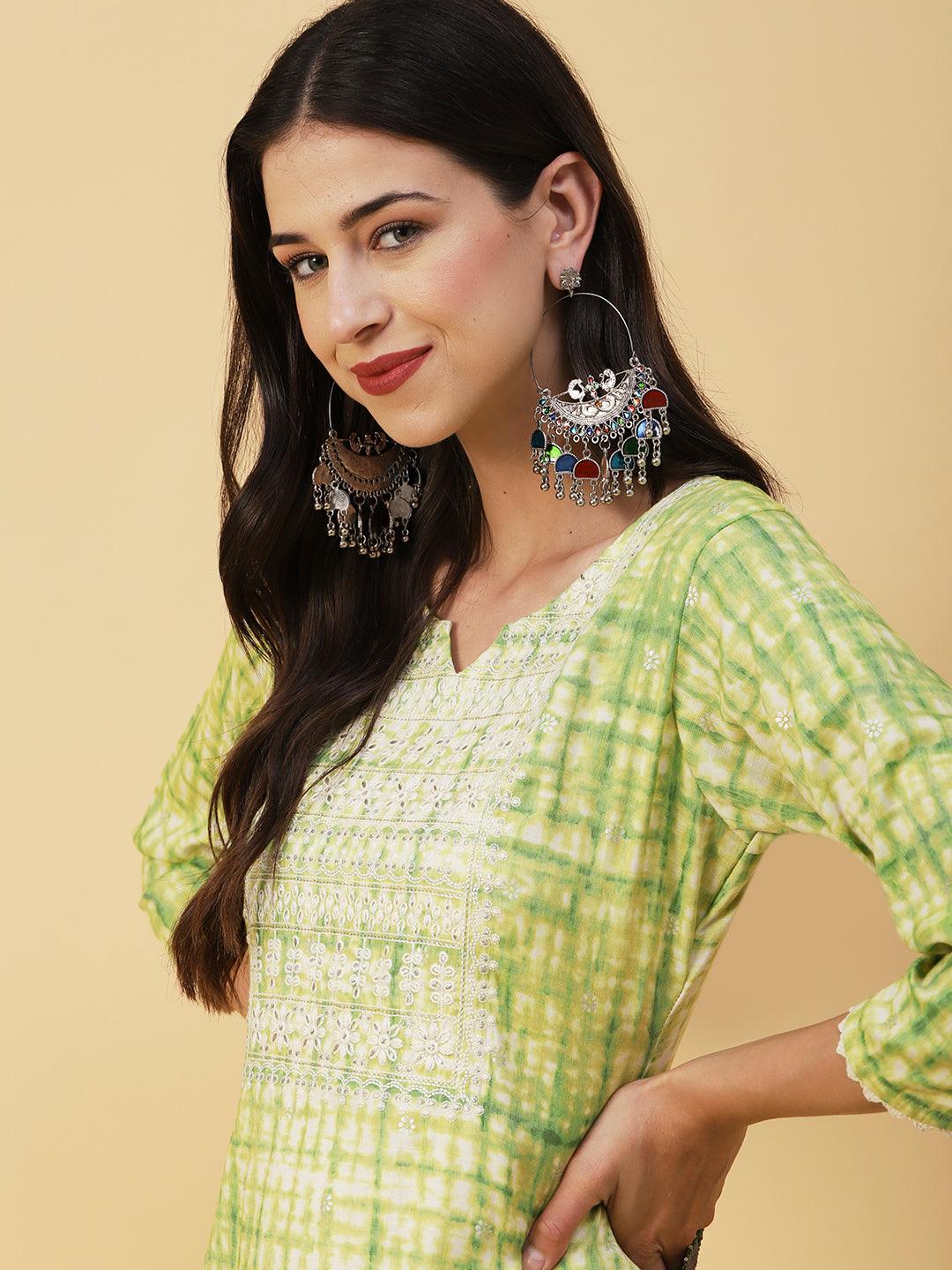 Abstract Shibori Printed Resham & Zari Embroidered Kurta - Lime Green - Indiakreations