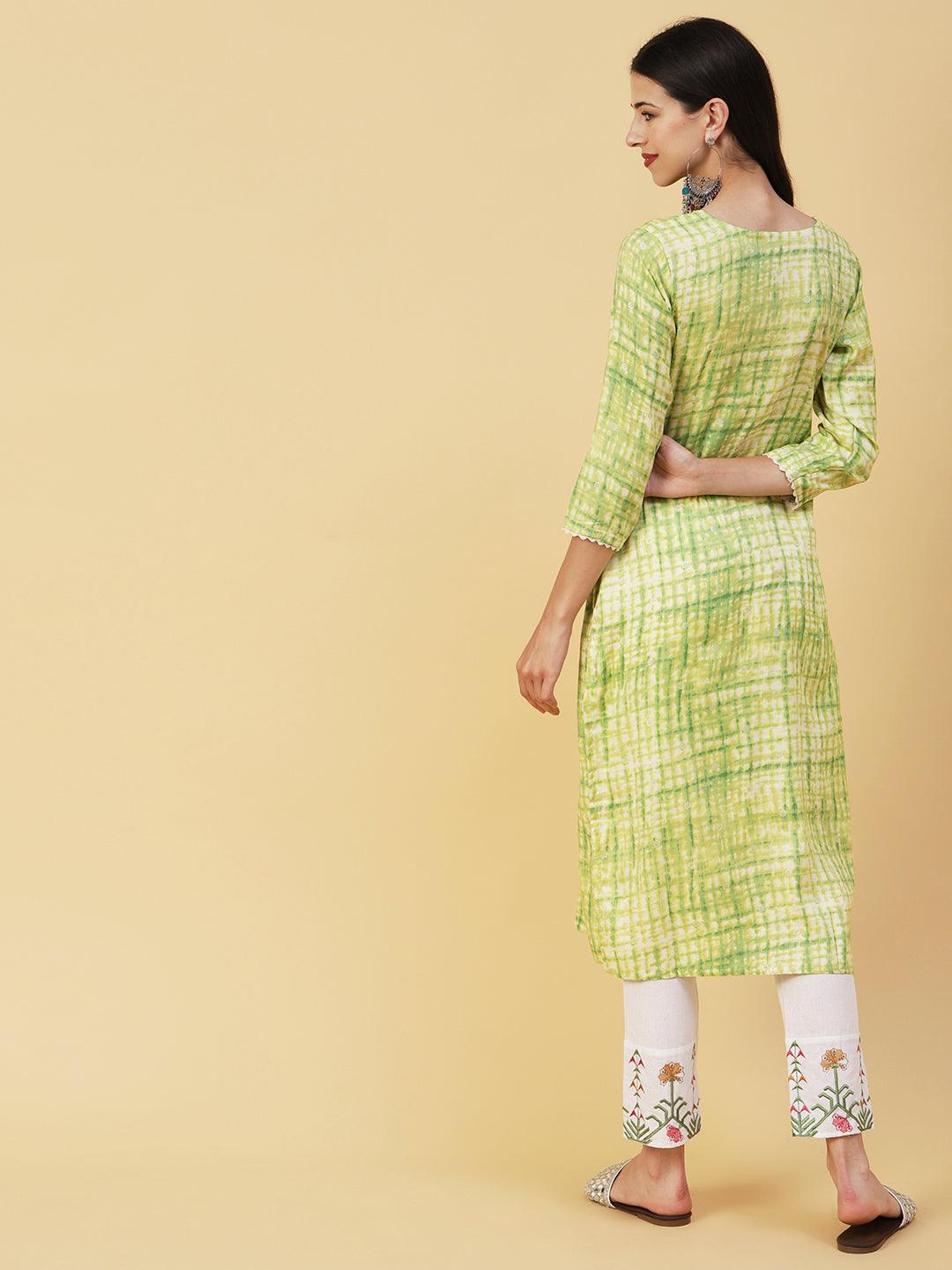 Abstract Shibori Printed Resham & Zari Embroidered Kurta - Lime Green - Indiakreations