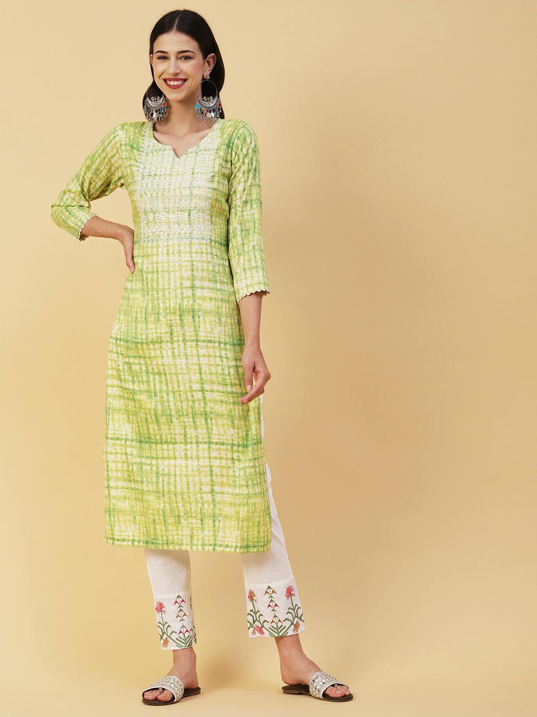 Abstract Shibori Printed Resham & Zari Embroidered Kurta - Lime Green - Indiakreations